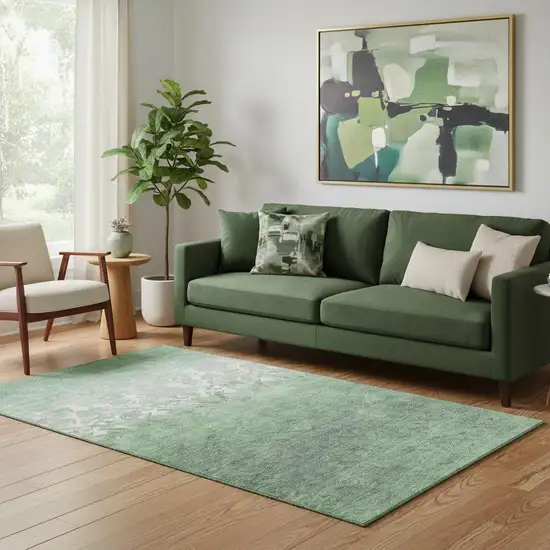 Green And Ivory Damask Washable Area Rug With UV Protection Photo 2