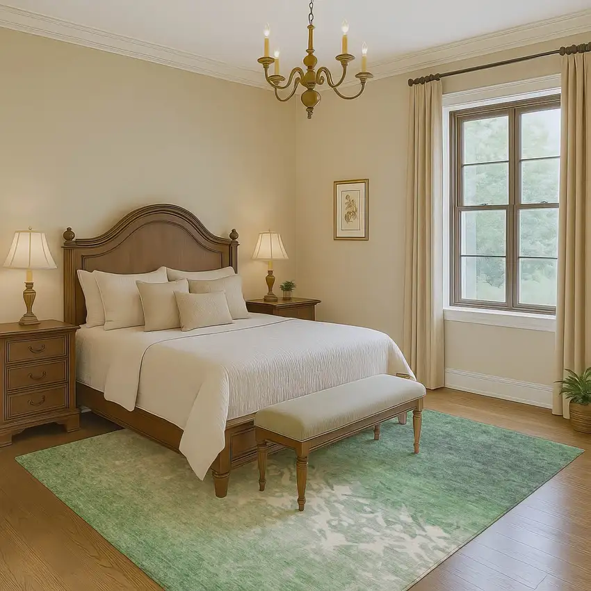 Green And Ivory Damask Washable Area Rug With UV Protection Photo 6