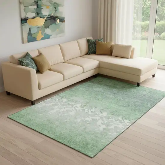 Green And Ivory Damask Washable Area Rug With UV Protection Photo 2