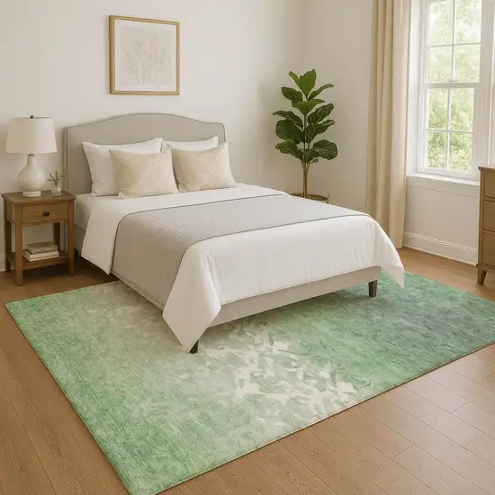 Green And Ivory Damask Washable Area Rug With UV Protection Photo 4