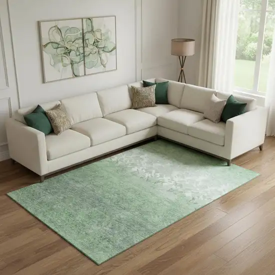 Green And Ivory Damask Washable Area Rug With UV Protection Photo 2