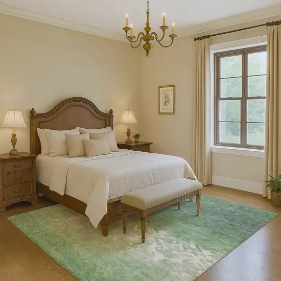 Green And Ivory Damask Washable Area Rug With UV Protection Photo 5