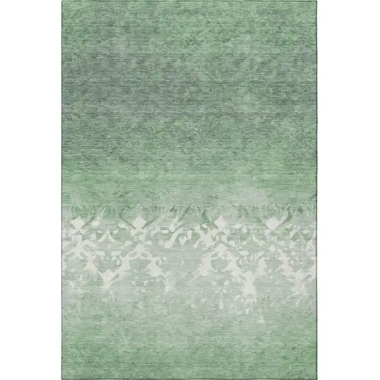 Green And Ivory Damask Washable Area Rug With UV Protection Photo 3