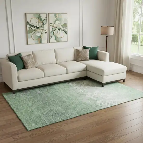 Green And Ivory Damask Washable Area Rug With UV Protection Photo 2