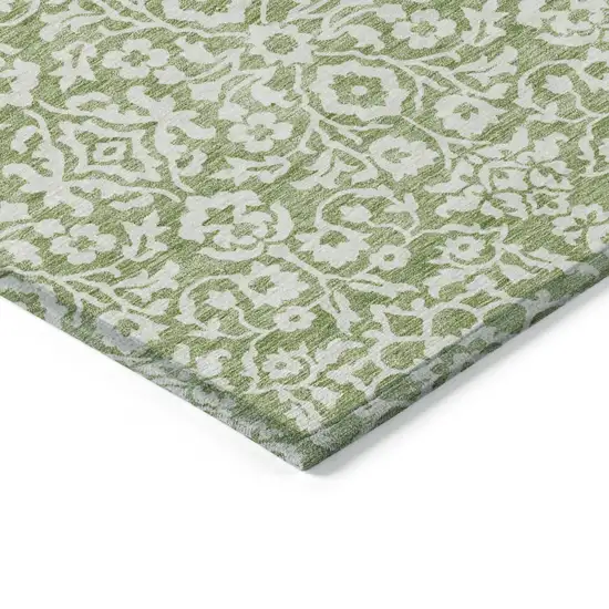 Green And Ivory Damask Washable Indoor Outdoor Area Rug Photo 3