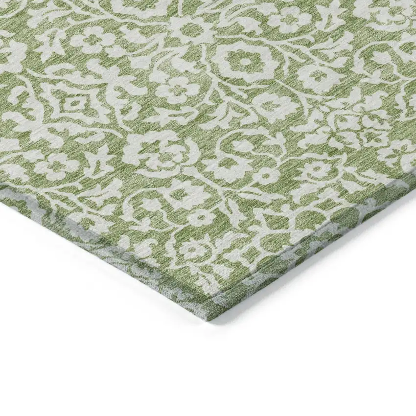 Green And Ivory Damask Washable Indoor Outdoor Area Rug Photo 3