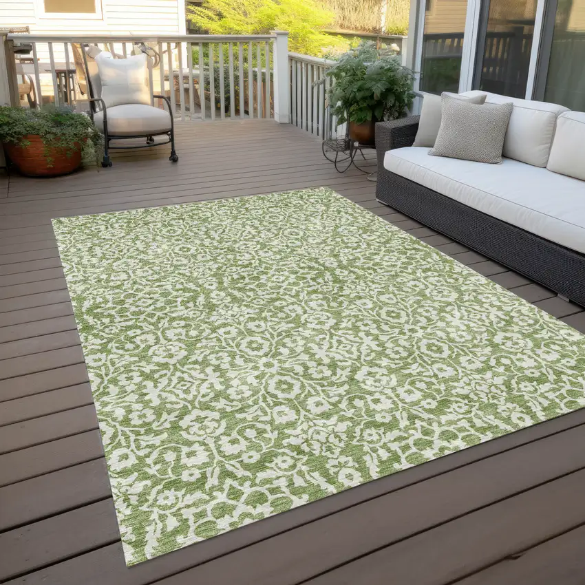 Green And Ivory Damask Washable Indoor Outdoor Area Rug Photo 9