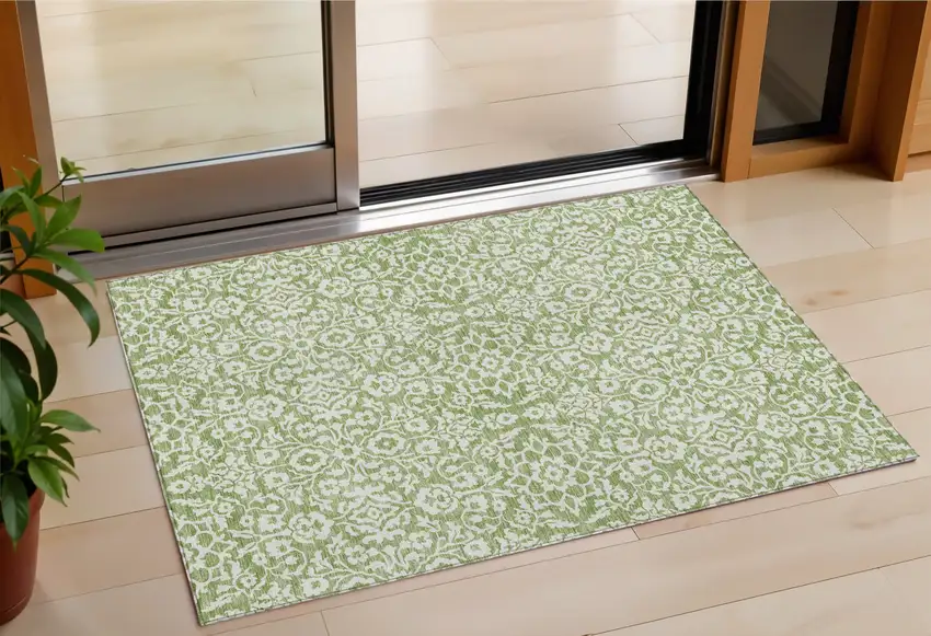Green And Ivory Damask Washable Indoor Outdoor Area Rug Photo 1