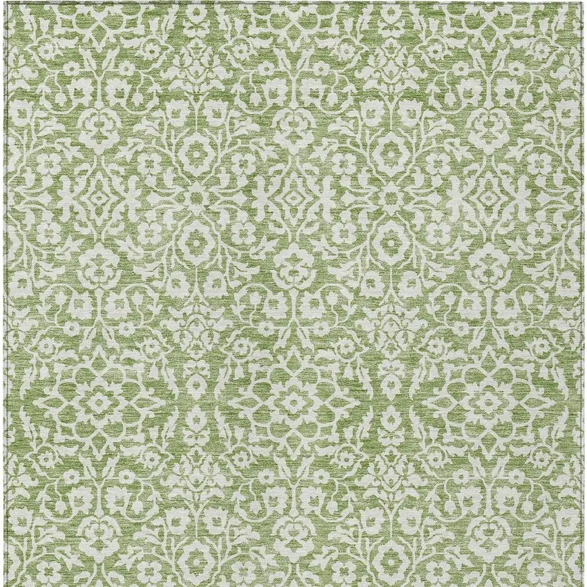 Green And Ivory Damask Washable Indoor Outdoor Area Rug Photo 5