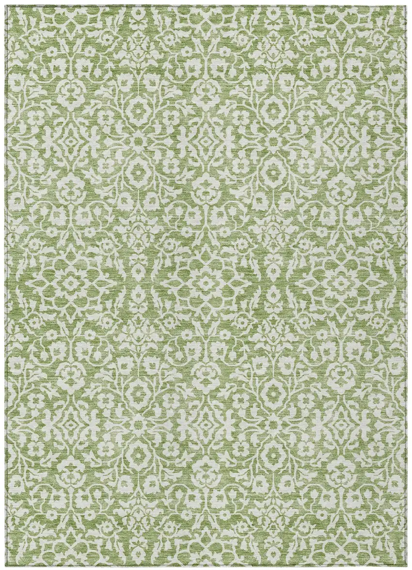 Green And Ivory Damask Washable Indoor Outdoor Area Rug Photo 2