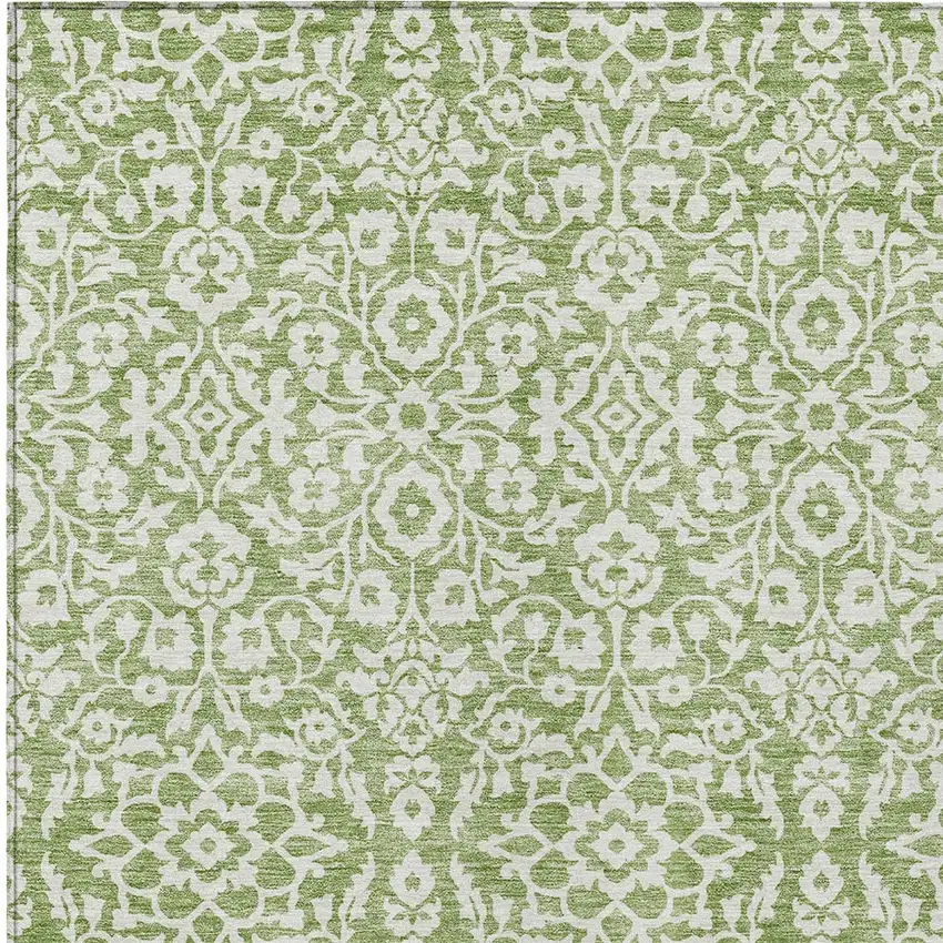 Green And Ivory Damask Washable Indoor Outdoor Area Rug Photo 4