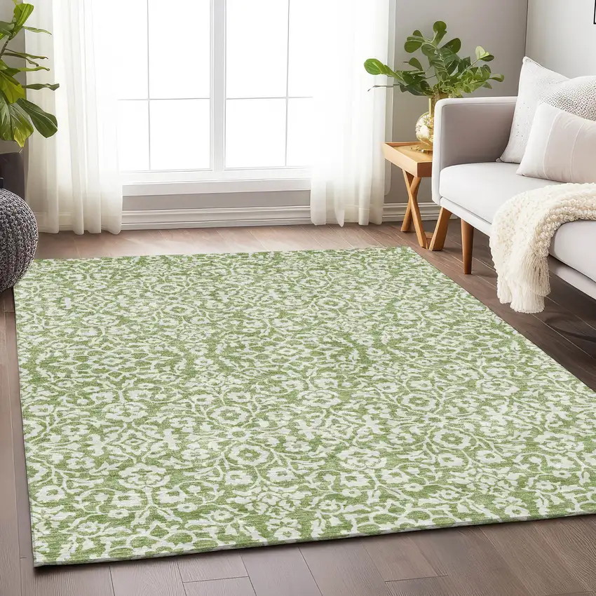 Green And Ivory Damask Washable Indoor Outdoor Area Rug Photo 8