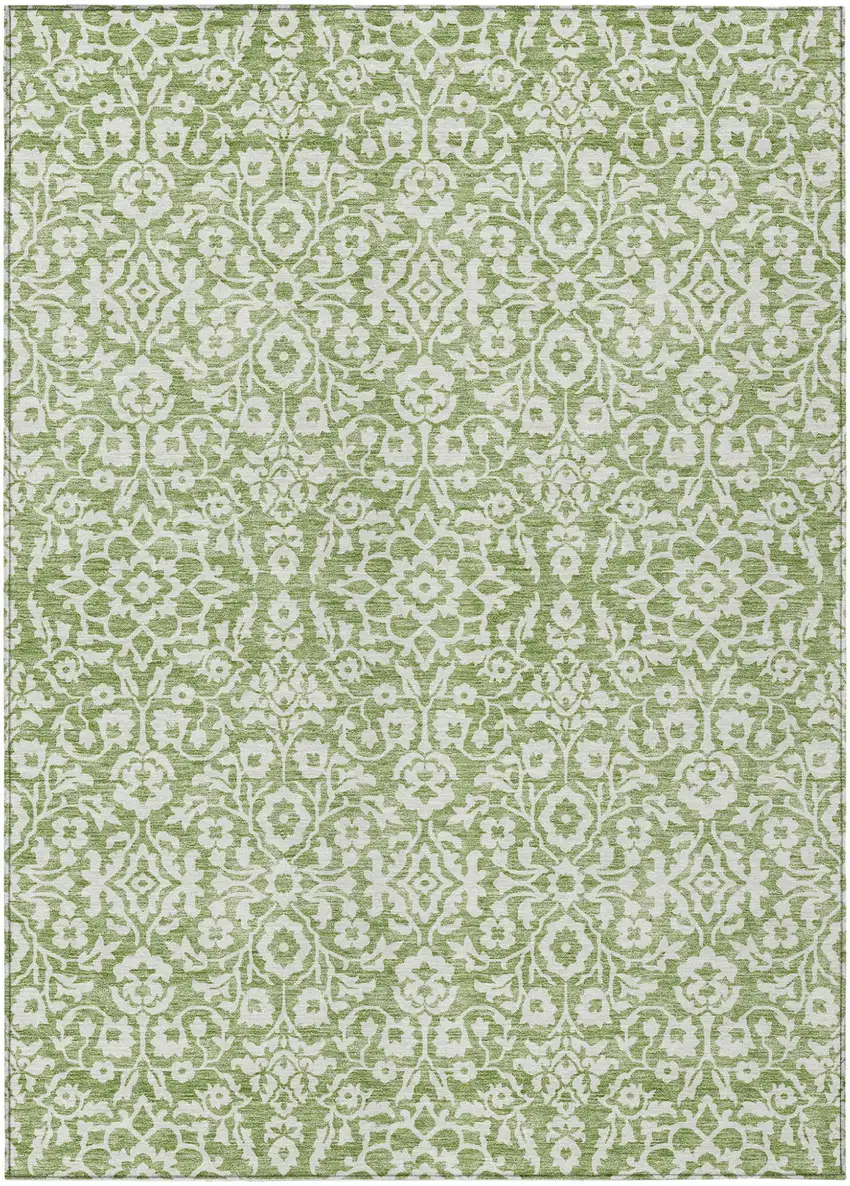 Green And Ivory Damask Washable Indoor Outdoor Area Rug Photo 2