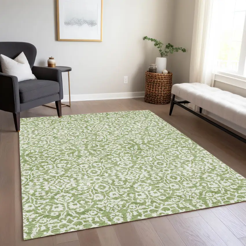 Green And Ivory Damask Washable Indoor Outdoor Area Rug Photo 9