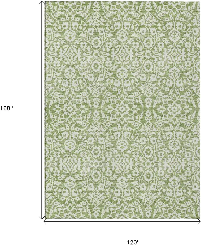Green And Ivory Damask Washable Indoor Outdoor Area Rug Photo 3