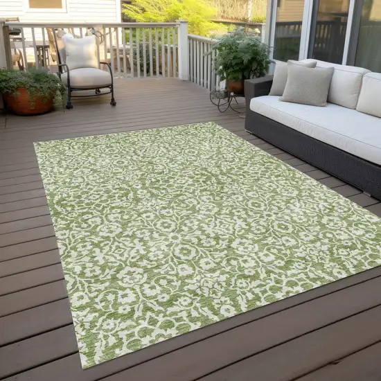 Green And Ivory Damask Washable Indoor Outdoor Area Rug Photo 9