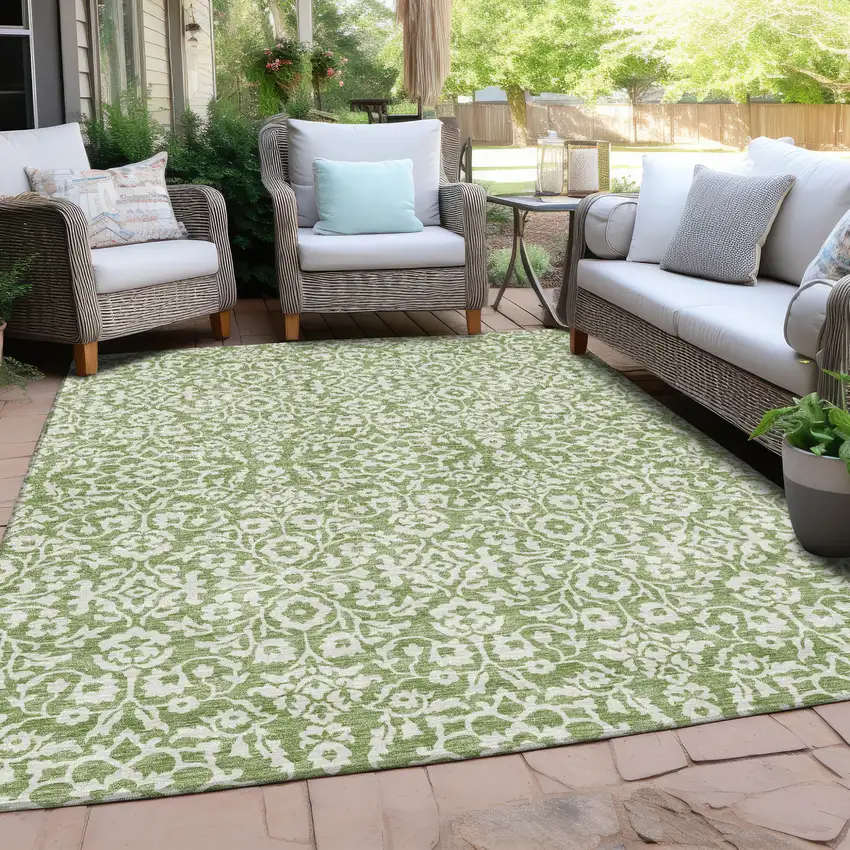 Green And Ivory Damask Washable Indoor Outdoor Area Rug Photo 7
