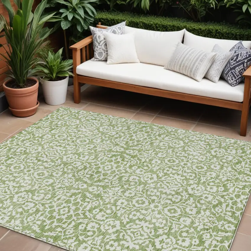 Green And Ivory Damask Washable Indoor Outdoor Area Rug Photo 1