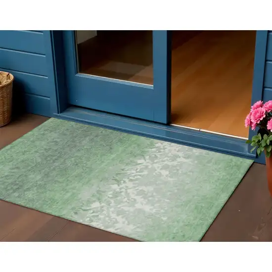 Green And Ivory Damask Washable Indoor Outdoor Area Rug Photo 2