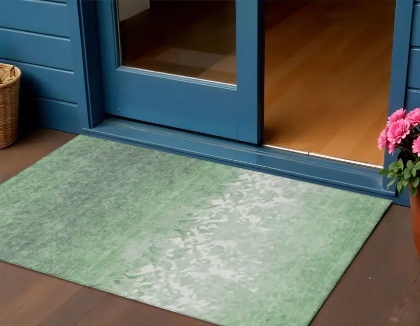 Green And Ivory Damask Washable Indoor Outdoor Area Rug Photo 2