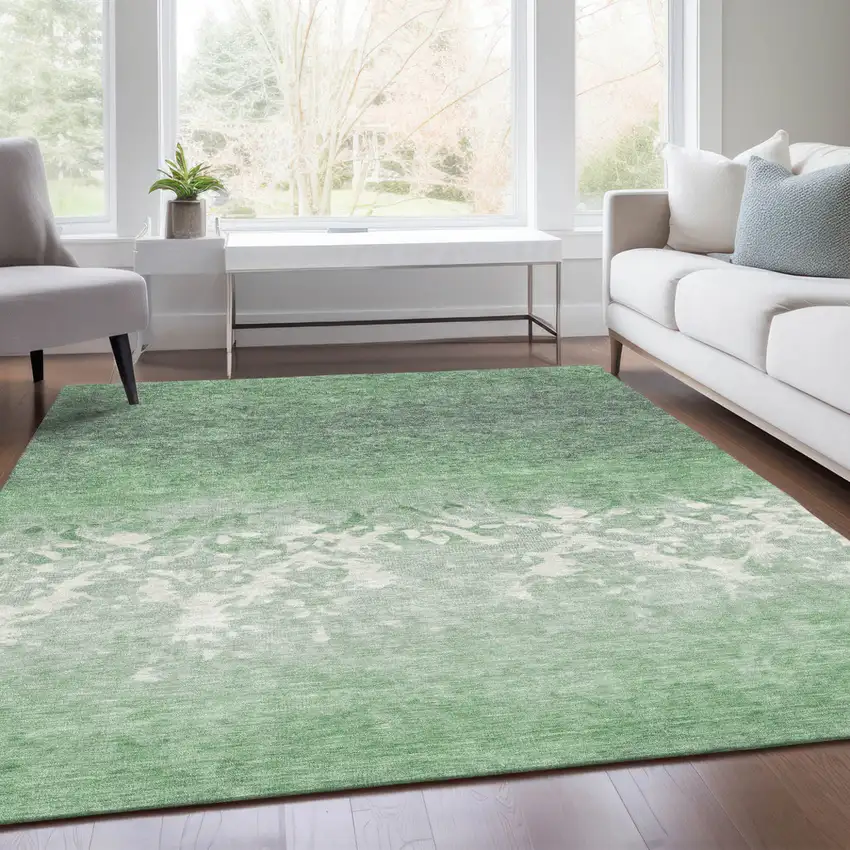 Green And Ivory Damask Washable Indoor Outdoor Area Rug Photo 7