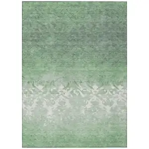 Photo of Green And Ivory Damask Washable Indoor Outdoor Area Rug
