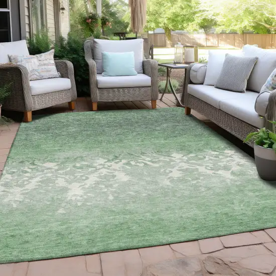 Green And Ivory Damask Washable Indoor Outdoor Area Rug Photo 5