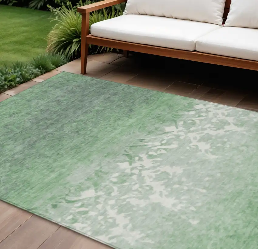 Green And Ivory Damask Washable Indoor Outdoor Area Rug Photo 2