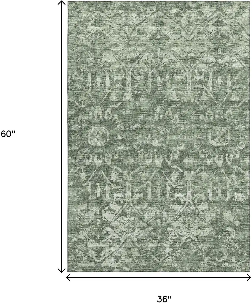 Green And Ivory Damask Washable Indoor Outdoor Area Rug Photo 3