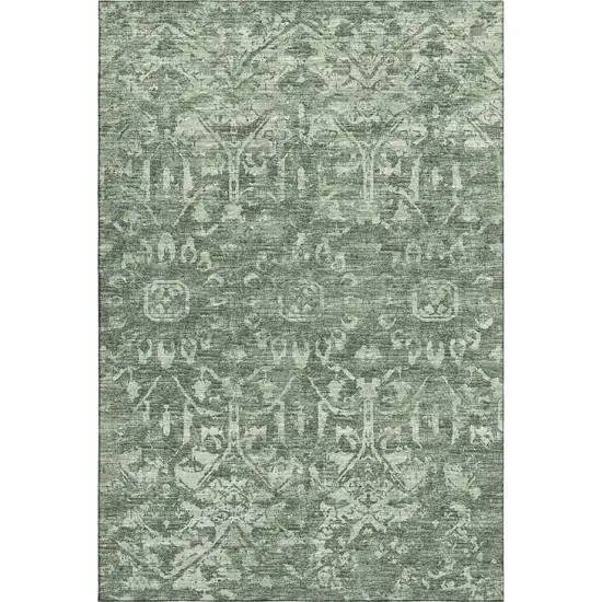 Green And Ivory Damask Washable Indoor Outdoor Area Rug Photo 2