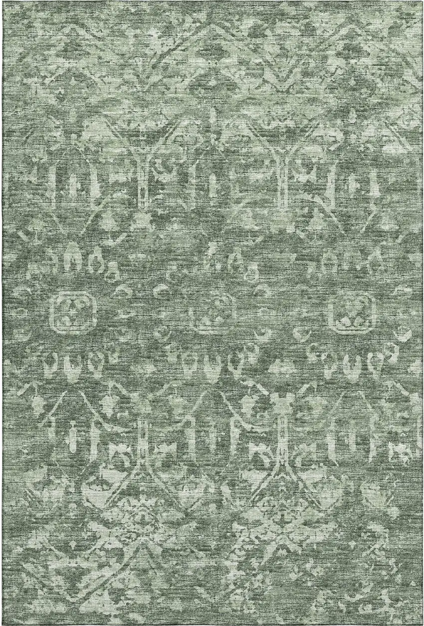 Green And Ivory Damask Washable Indoor Outdoor Area Rug Photo 2