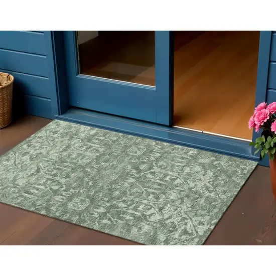 Green And Ivory Damask Washable Indoor Outdoor Area Rug Photo 1
