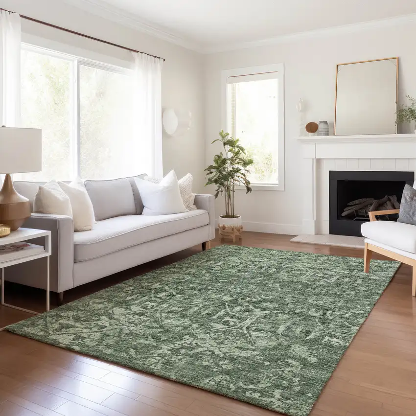 Green And Ivory Damask Washable Indoor Outdoor Area Rug Photo 4