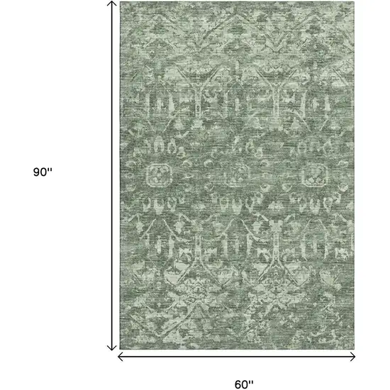 Green And Ivory Damask Washable Indoor Outdoor Area Rug Photo 6
