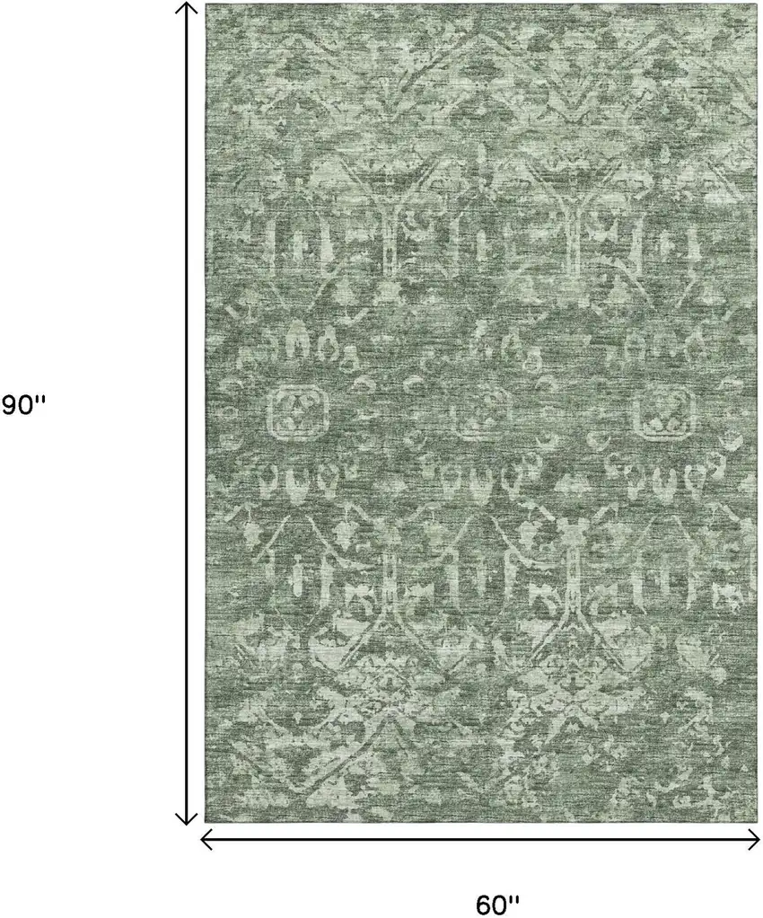 Green And Ivory Damask Washable Indoor Outdoor Area Rug Photo 6