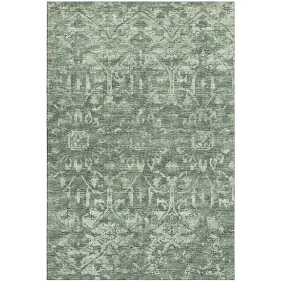 Green And Ivory Damask Washable Indoor Outdoor Area Rug Photo 1