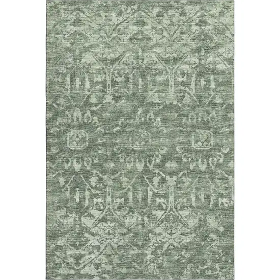 Green And Ivory Damask Washable Indoor Outdoor Area Rug Photo 3