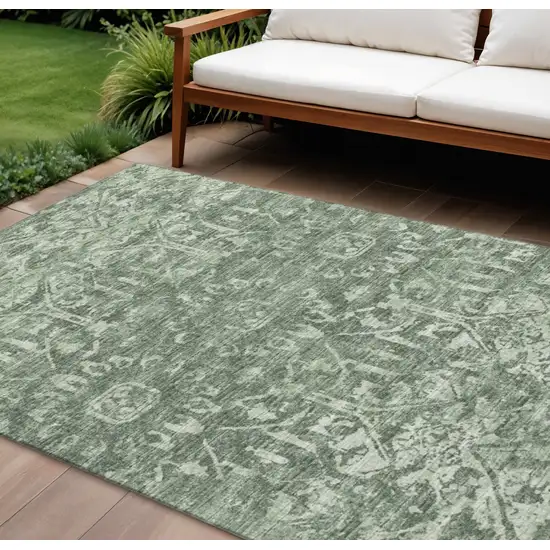 Green And Ivory Damask Washable Indoor Outdoor Area Rug Photo 2