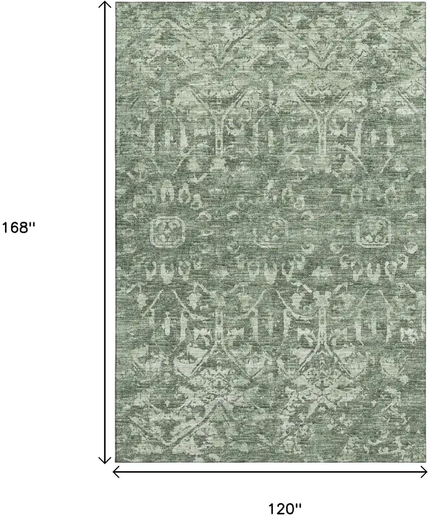 Green And Ivory Damask Washable Indoor Outdoor Area Rug Photo 6