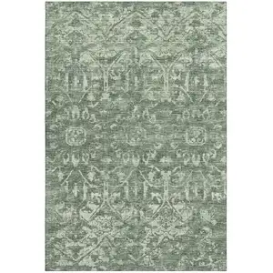 Photo of Green And Ivory Damask Washable Indoor Outdoor Area Rug