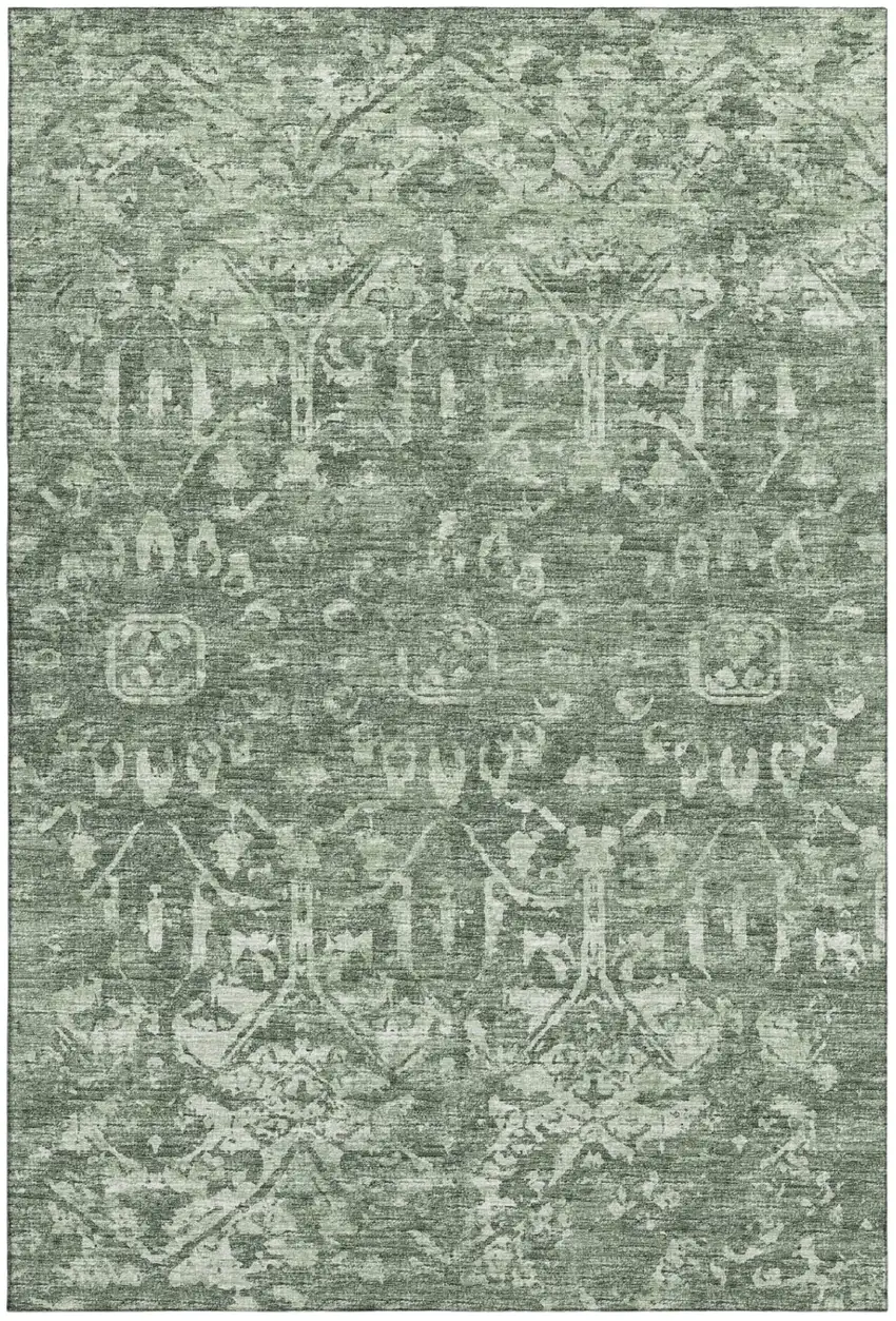 Green And Ivory Damask Washable Indoor Outdoor Area Rug Photo 1
