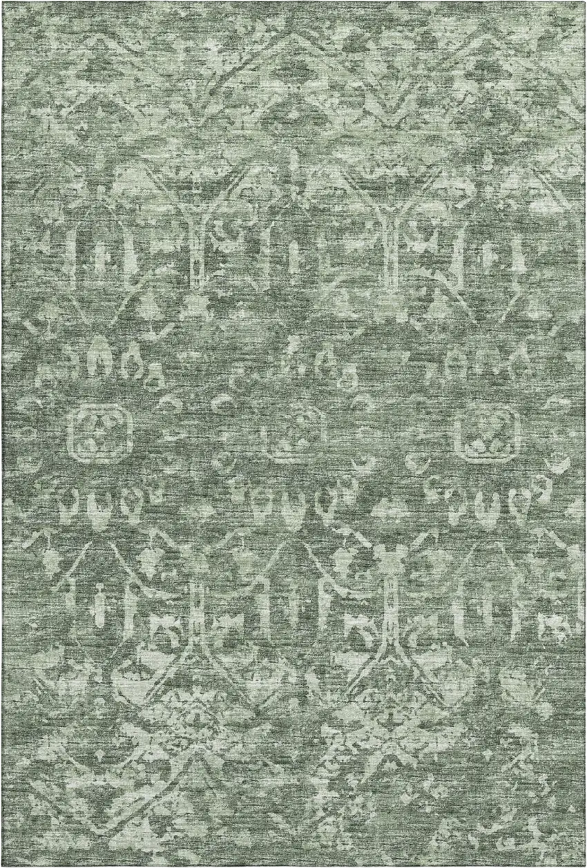 Green And Ivory Damask Washable Indoor Outdoor Area Rug Photo 3