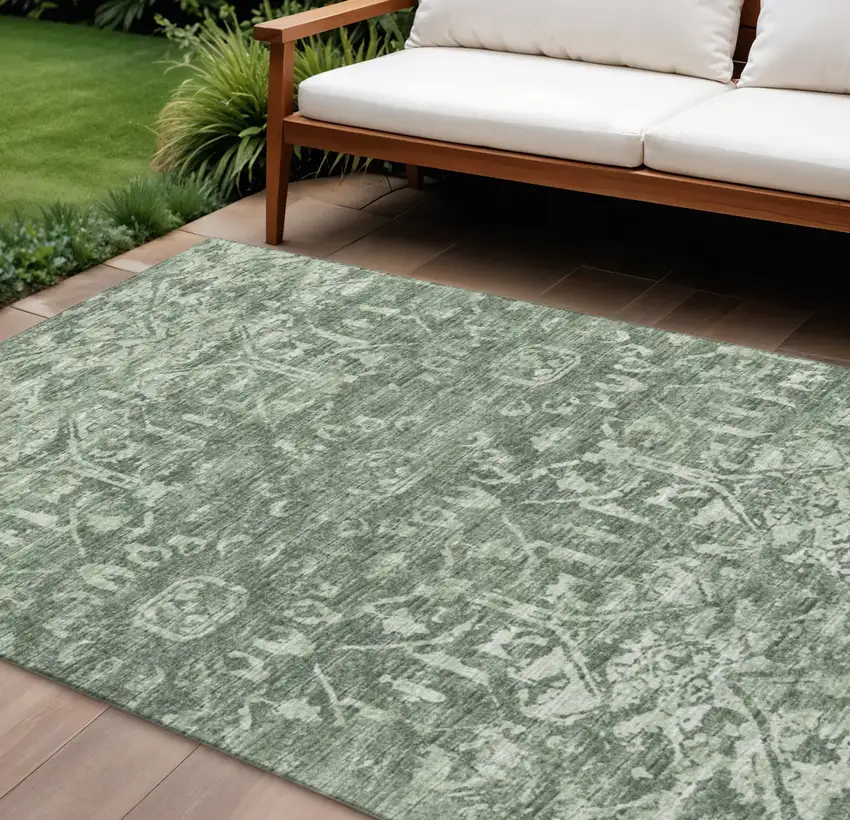 Green And Ivory Damask Washable Indoor Outdoor Area Rug Photo 2