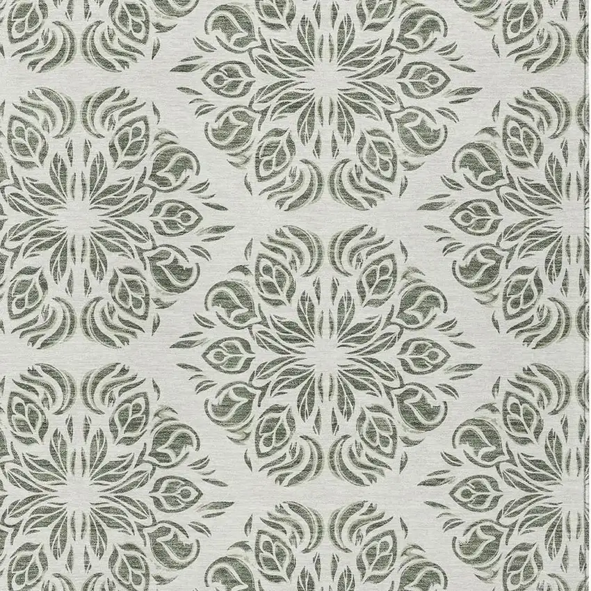 Green And Ivory Damask Washable Indoor Outdoor Area Rug Photo 2