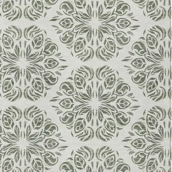 Green And Ivory Damask Washable Indoor Outdoor Area Rug Photo 2
