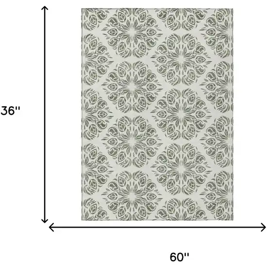 Green And Ivory Damask Washable Indoor Outdoor Area Rug Photo 6