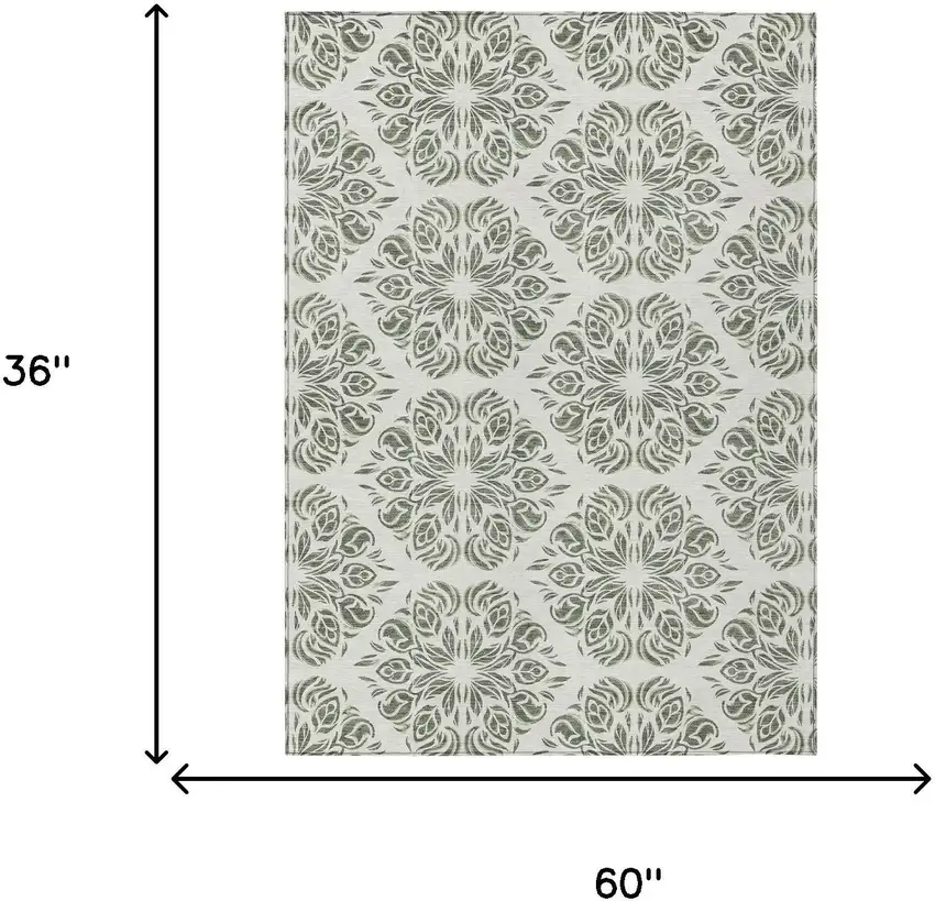 Green And Ivory Damask Washable Indoor Outdoor Area Rug Photo 6