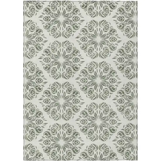 Green And Ivory Damask Washable Indoor Outdoor Area Rug Photo 1