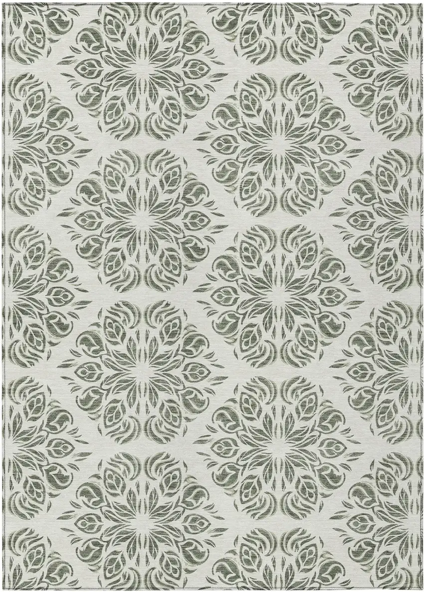 Green And Ivory Damask Washable Indoor Outdoor Area Rug Photo 1