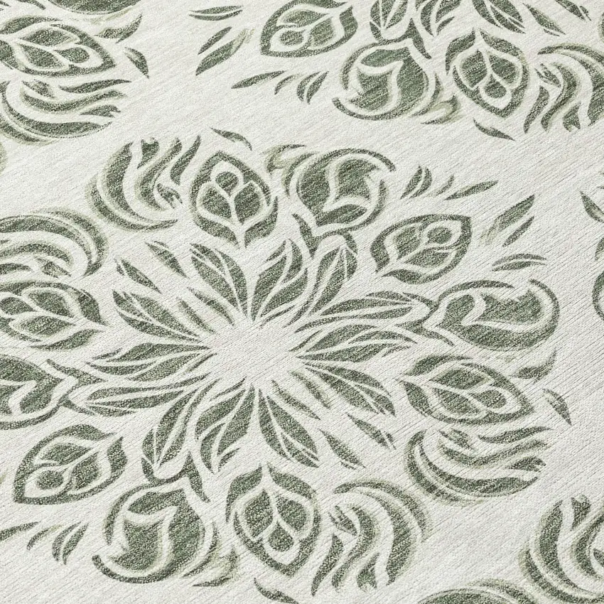 Green And Ivory Damask Washable Indoor Outdoor Area Rug Photo 9